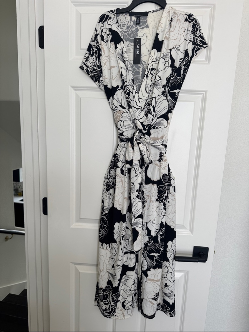 White House Black Market Black, White & Cream Floral Midi Wrap Dress